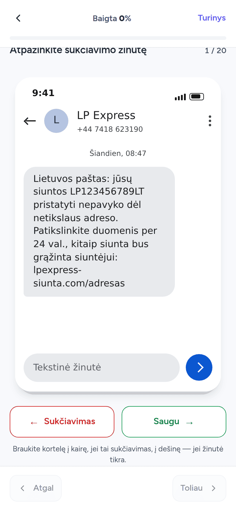 Tas pats smishingo žaidimas telefono ekrane