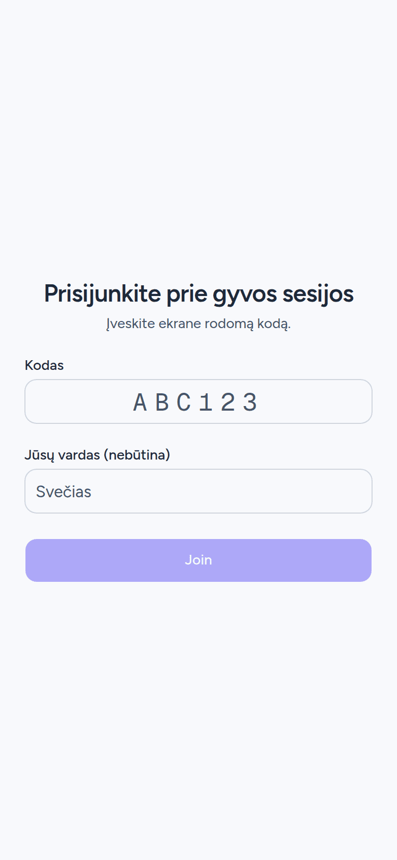 Prisijungimo prie gyvo užsiėmimo langas telefone su kodo laukeliu